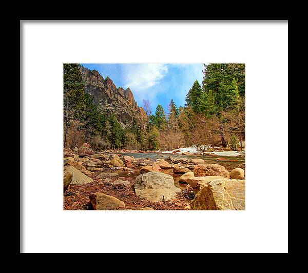 Beautiful Framed Print featuring the photograph Rocky Riverbank With Pine Trees,South Boulder Creek by Tom Potter