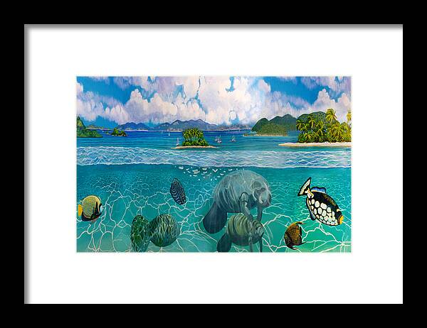 Manatees Framed Print featuring the painting South Pacific Paradise with Manatees Weekender Tote Bag Version           tees by Bonnie Siracusa