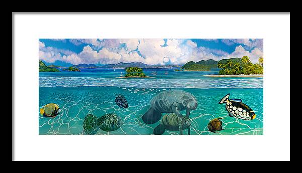 South Pacific Framed Print featuring the painting South Pacific Paradise with Manateestees by Bonnie Siracusa