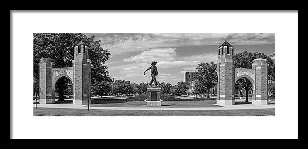 Sower Statue Framed Print featuring the photograph Sower Statue on the campus of the University of Oklahoma in panoramic black and white by Eldon McGraw