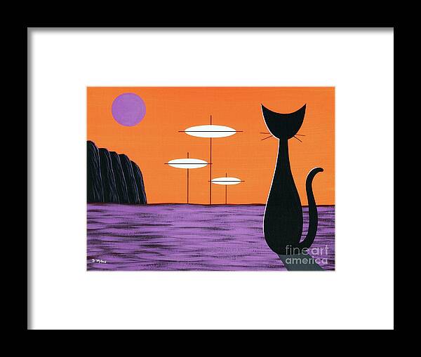 Mid Century Modern Framed Print featuring the painting Space Cat in Orange and Purple by Donna Mibus