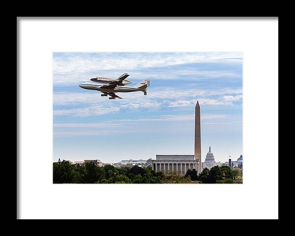 North America Framed Print featuring the photograph Space Shuttle Discovery over Washington DC by Steven Heap