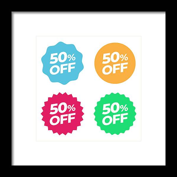 Marketing Framed Print featuring the drawing Special Offer Sale Tag. Discount 50% Offer Price Multicolor Label and Flat Design by Designer29