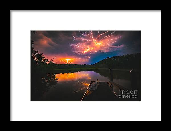 Spider Lightning Framed Print featuring the photograph Spider Lightning Reflected on Little Hunting Creek at Night by Jeff at JSJ Photography