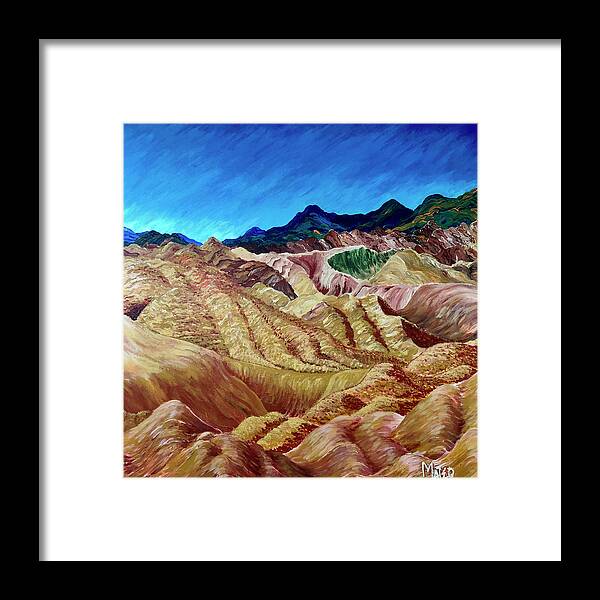 Desert Landscape Framed Print featuring the painting Spilling onto the desert floor. The mountains at Zabriski Point. Death Valley, California. by ArtStudio Mateo
