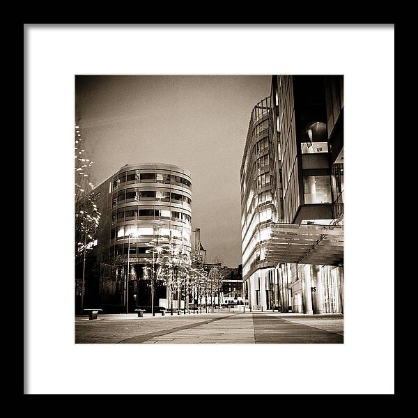 B&w Framed Print featuring the photograph Spinningfields at night by Neil Alexander Photography