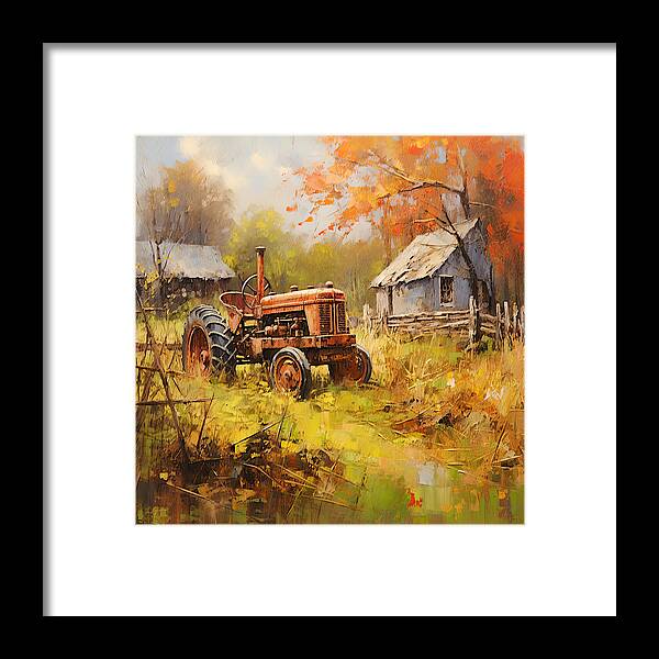 Red Tractor Framed Print featuring the painting Splendor of the Past - Red Tractor Art by Lourry Legarde