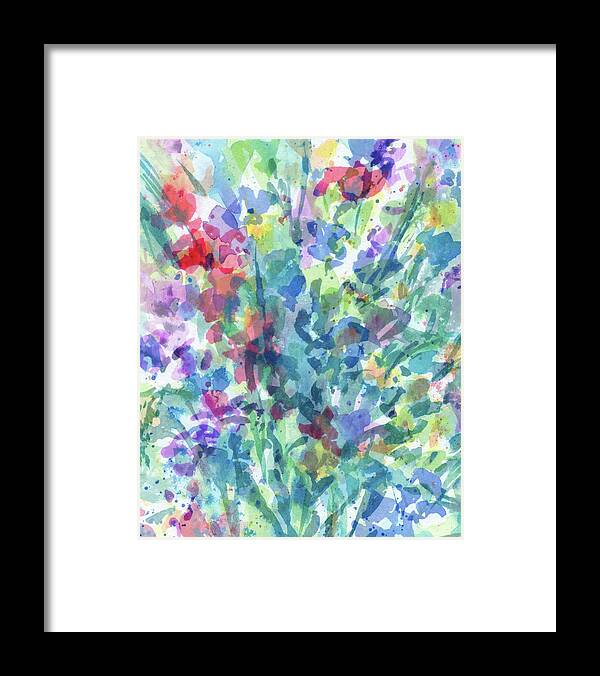 Abstract Flowers Framed Print featuring the painting Splish Splash Abstract Cool Flowers The Burst Of Multicolor Watercolor Contemporary I by Irina Sztukowski