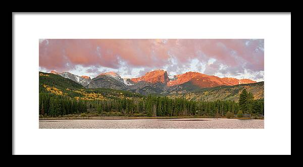 Panorama Framed Print featuring the photograph Sprague Lake Autumn Sunrise Panorama by Aaron Spong