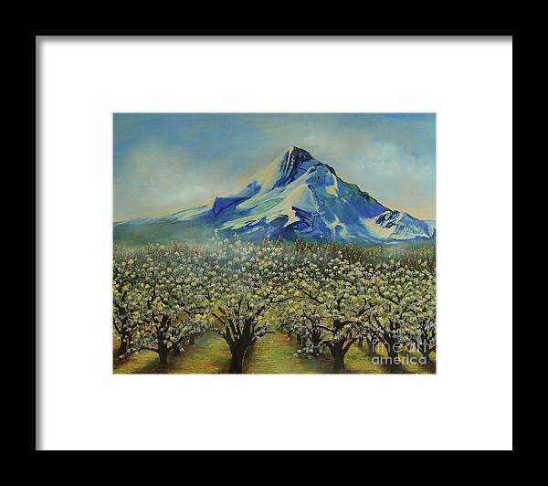 Landscape Framed Print featuring the painting Spring Orchards and Mt. Hood by Jeanette French