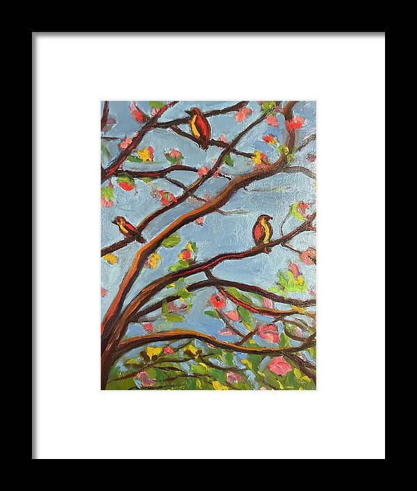 Spring Birds Tree Flowers Framed Print featuring the painting Spring time by Beth Riso