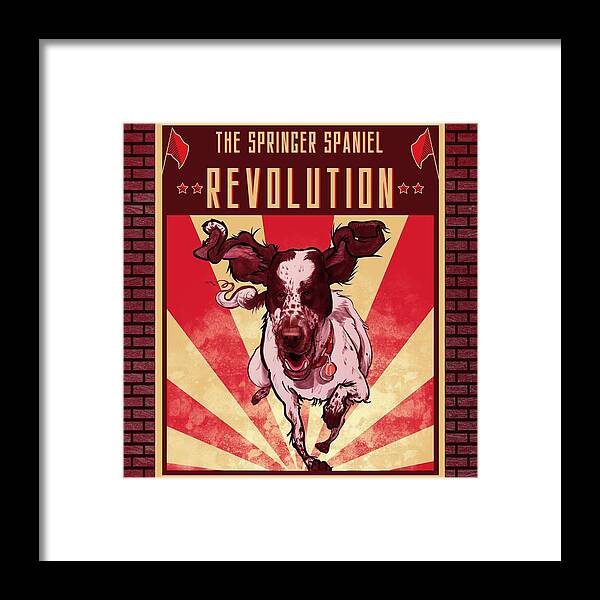 English Springer Spaniel Framed Print featuring the drawing Springer Spaniel REVOLUTION by Canine Caricatures By John LaFree