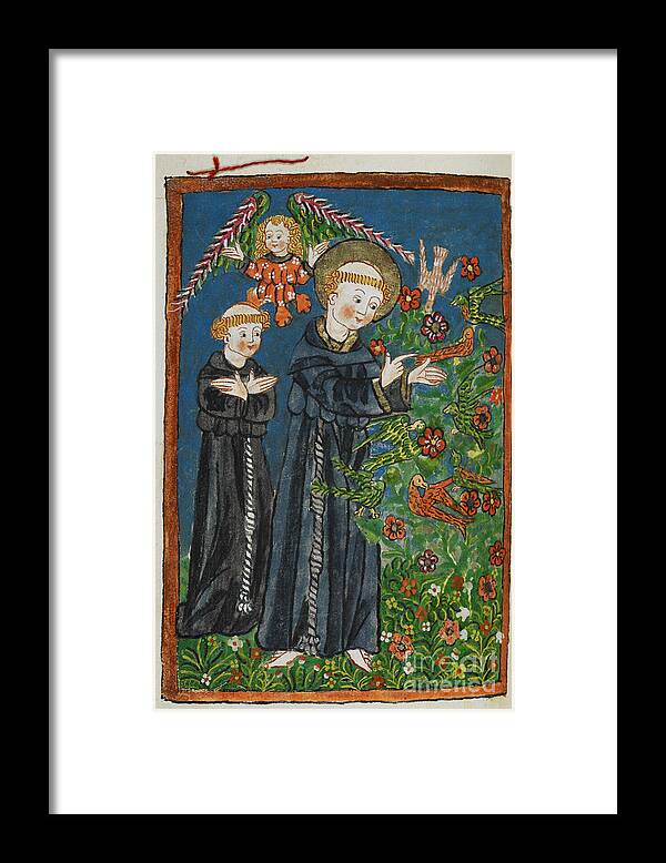15th Century;angel;priest;religious Orders;religion;bird;animal;saint;saint;plants;flower;flowers;preach;st Francis;francis Of Assisi;15th Century;flora;plant;monk;monks;preaching;religion;plantae;francis Framed Print featuring the drawing St Francis preaching to the birds by European School