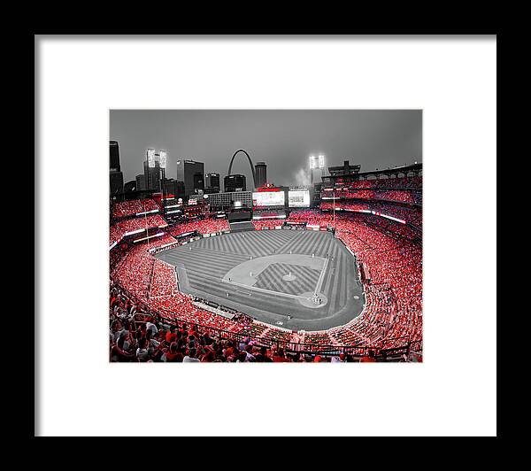 Saint Louis Framed Print featuring the photograph A Symphony Of Red At The Saint Louis Baseball Stadium - Selective Color Edition by Gregory Ballos