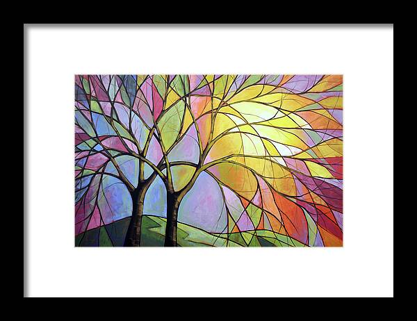 Tree Art Framed Print featuring the painting Stained Glass Sunset by Amy Giacomelli