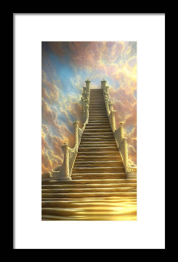 Digital Stairway Heaven Gold Clouds Framed Print featuring the digital art Stairway to Heaven by Beverly Read