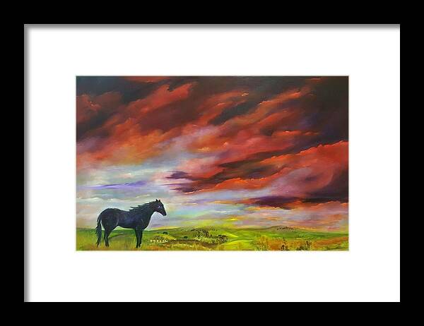 Montana Sunset Framed Print featuring the painting Stallion Sunset    6920 by Cheryl Nancy Ann Gordon