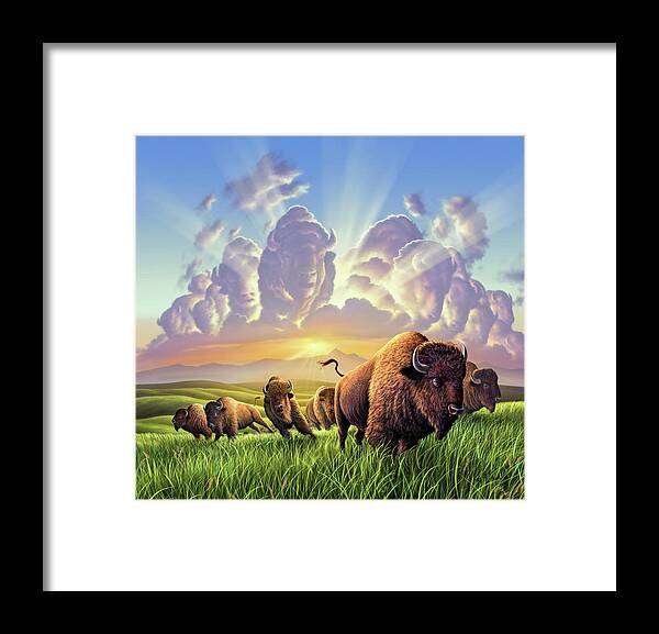 Buffalo Framed Print featuring the painting Stampede by Jerry LoFaro