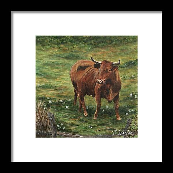 Spanish Bull Framed Print featuring the painting standing Bull by Bonnie Peacher