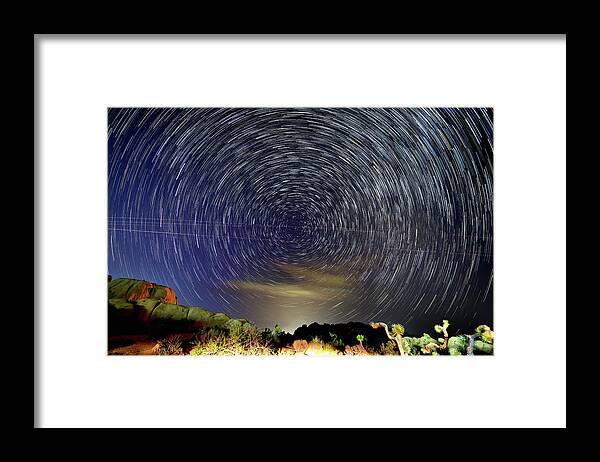 Star Trail Framed Print featuring the photograph Star Trail and Meteor trail - Joshua Tree National Park by Amazing Action Photo Video