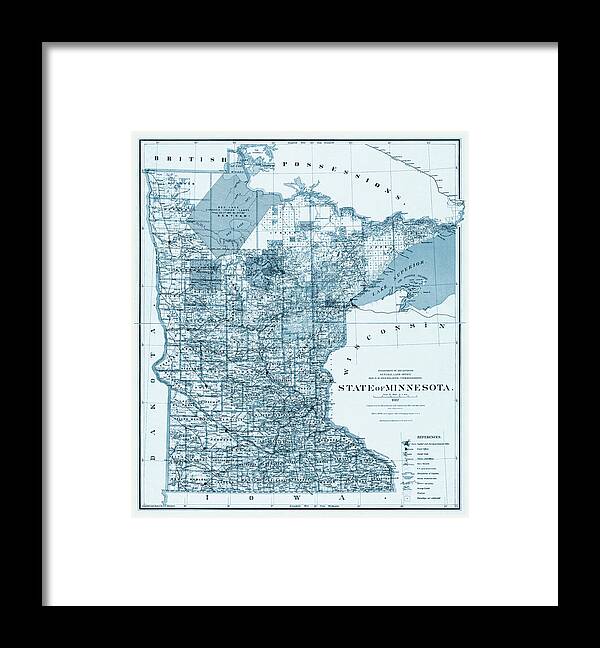 Minnesota Framed Print featuring the photograph State of Minnesota Vintage Map 1887 Blue by Carol Japp