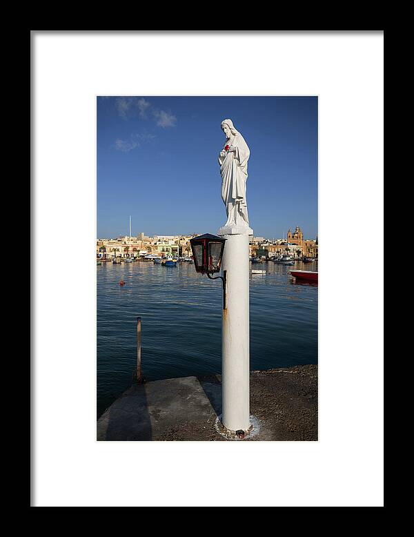 Jesus Framed Print featuring the photograph Statue of Jesus at Sea Harbor in Malta by Artur Bogacki