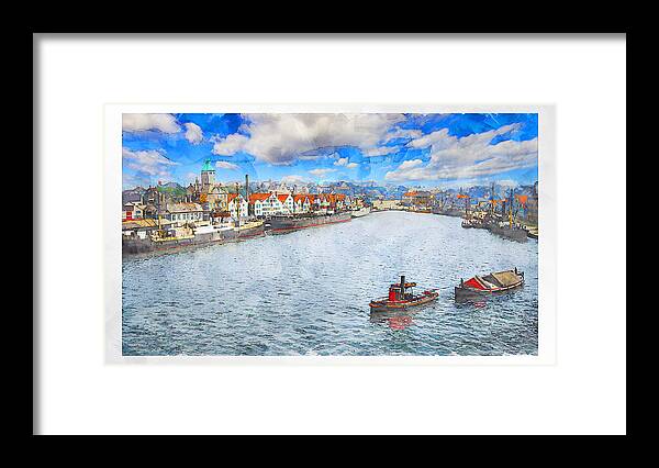 Stavanger Framed Print featuring the digital art Stavanger harbour II by Geir Rosset
