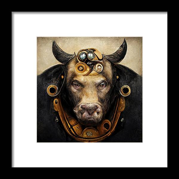 Bull Framed Print featuring the digital art Steampunk Animal 08 Bull Portrait by Matthias Hauser