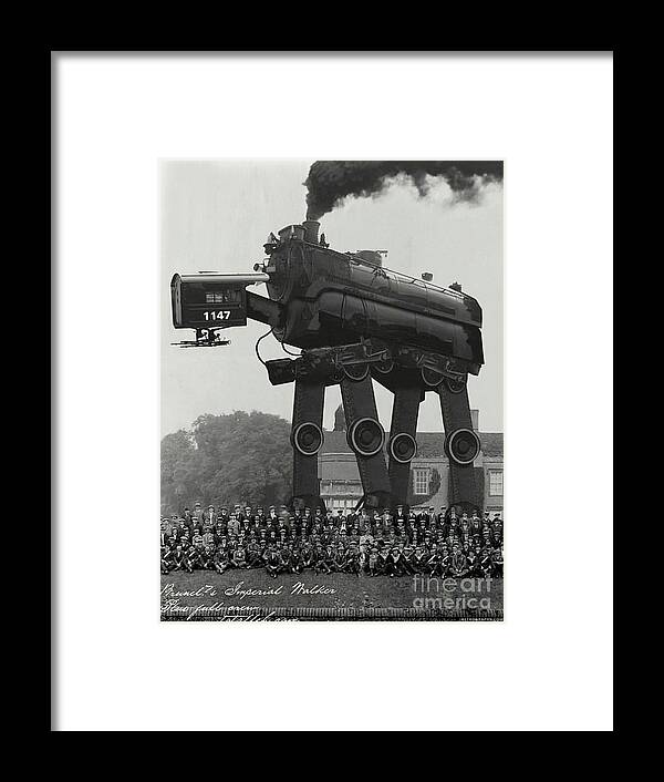Steampunk Framed Print featuring the photograph Steampunk locomotive on legs and group photo by Retrographs