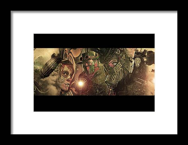 Space Framed Print featuring the digital art Steampunk Space Opera Sepia Full Poster Size by Jason Bohannon