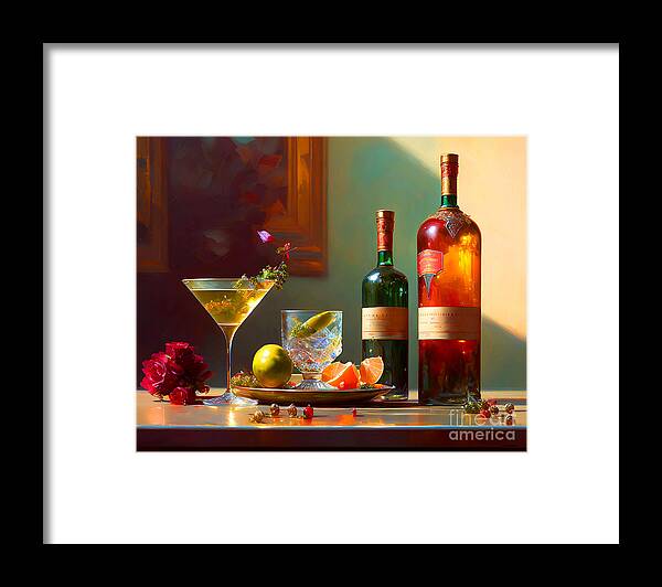 Wingsdomain Framed Print featuring the mixed media Still Life A Martini And Other Spirits 20230111e by Wingsdomain Art and Photography