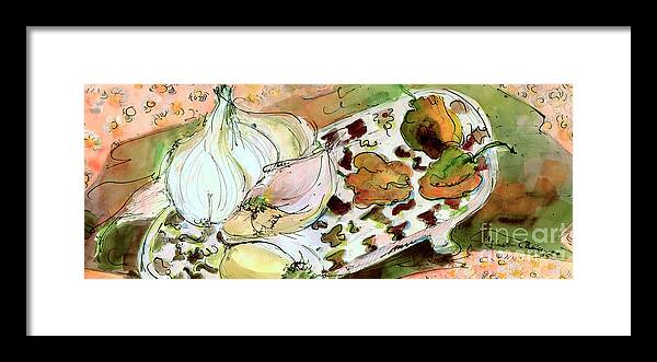 Food Art Framed Print featuring the painting Still Life Garlic Peppers Watercolor Art by Ginette Callaway