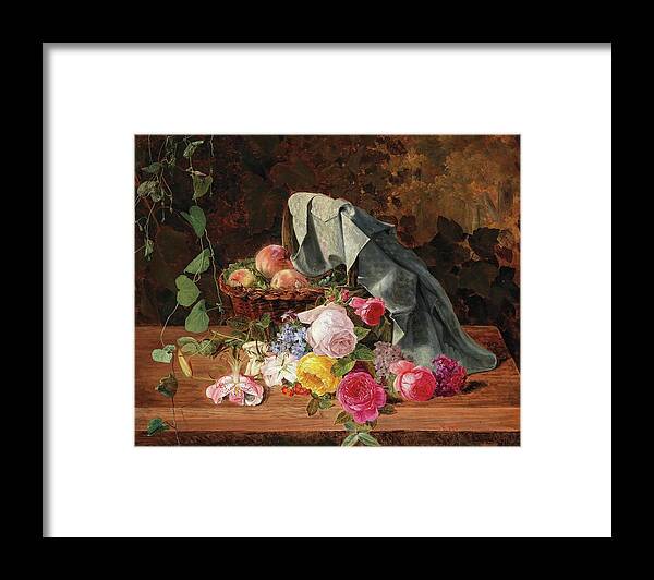 Nature Framed Print featuring the painting Still Life with a Basket of Peaches, Roses, Lilies, Phlox And Field Bindweed by MotionAge Designs
