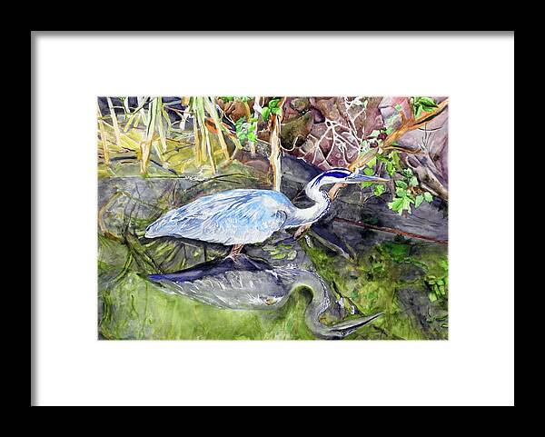 Blue Heron Framed Print featuring the painting Still Water by Barbara F Johnson