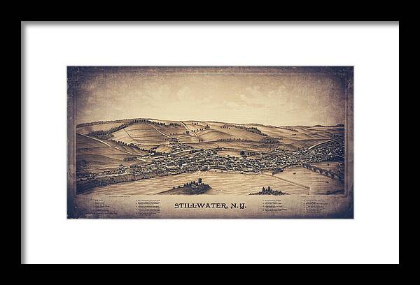 Stillwater Framed Print featuring the photograph Stillwater New York Vintage Map Aerial View 1889 Sepia by Carol Japp