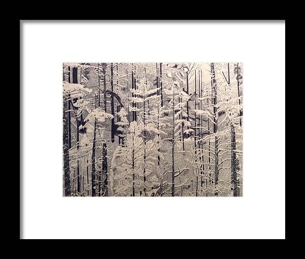 Black Framed Print featuring the drawing Stippled Forest by Bryan Brouwer