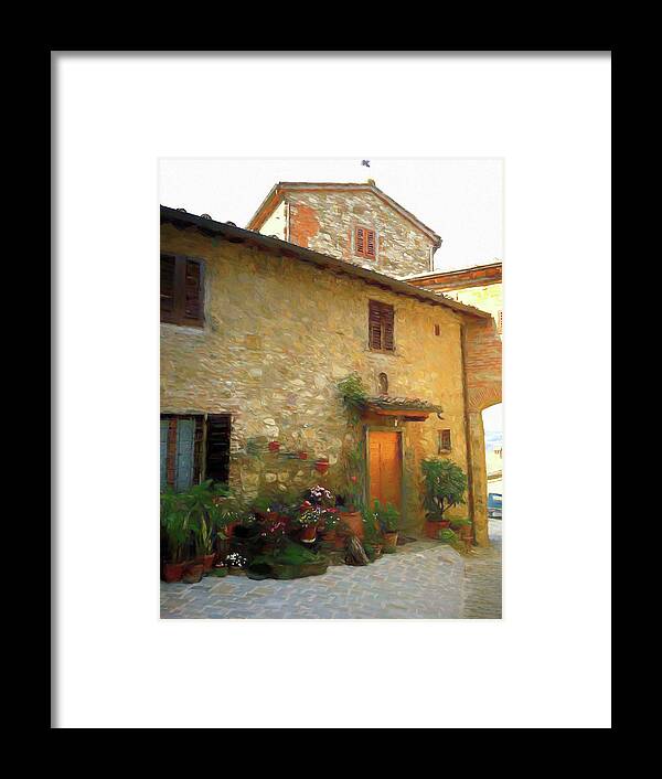Italy Framed Print featuring the mixed media Stone House With Flowers Tuscany by Deborah League