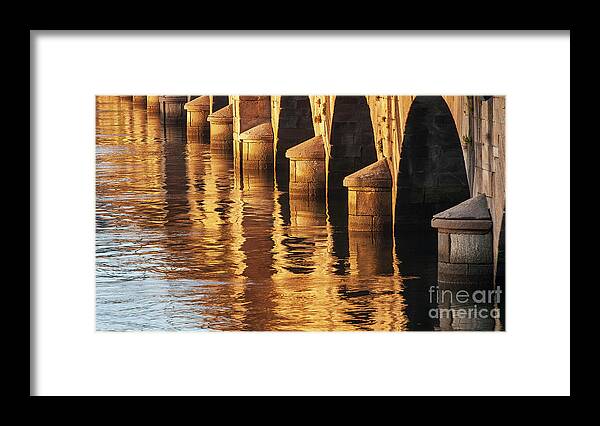 Rocks Framed Print featuring the photograph Stone Medieval Viaduct Reflected at Sunset Golden Light Pondedeume Galicia by Pablo Avanzini