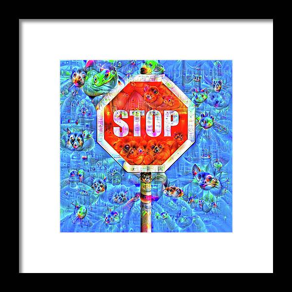 Stop Framed Print featuring the digital art Stop Sign Surreal Deep Dream Image by Matthias Hauser