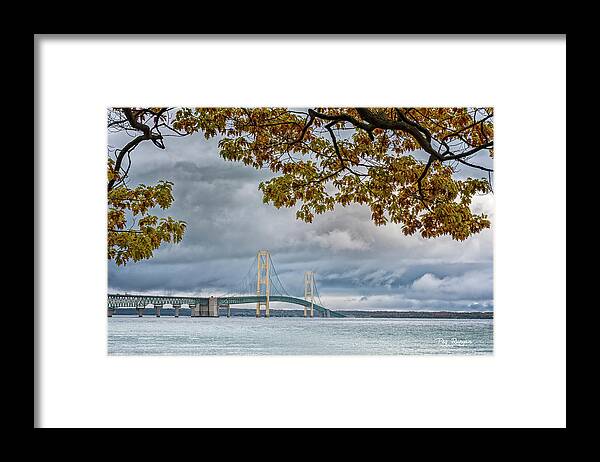 Autumn Framed Print featuring the photograph Storm Brewing at the Bridge by Peg Runyan