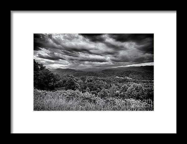 Monotone Framed Print featuring the photograph Storm Clouds Over Mountains 2 by Phil Perkins
