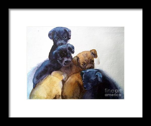 Puppies Framed Print featuring the painting Stray puppies by Asha Sudhaker Shenoy