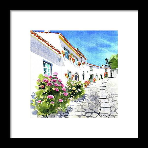 Portugal Framed Print featuring the painting Street With Hydrangeas in Marvao Portugal by Dora Hathazi Mendes