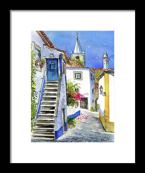 Portugal Framed Print featuring the painting Streets of Obidos - Portugal by Dora Hathazi Mendes