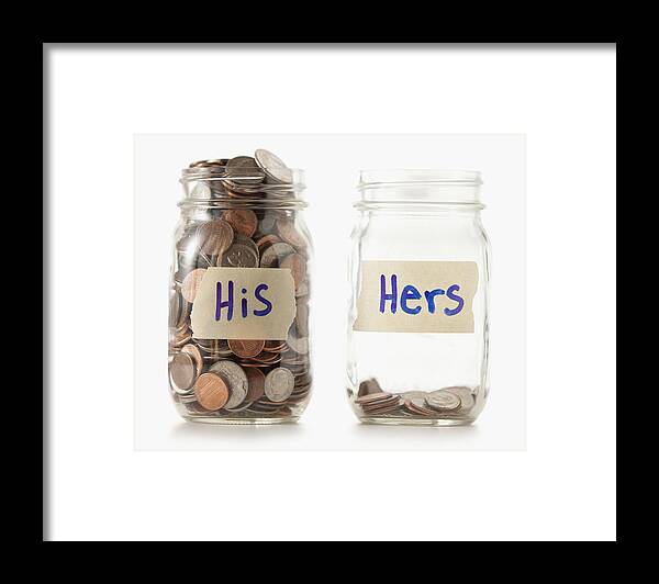 Coin Framed Print featuring the photograph Studio shot of two jars with coins labeled Hers and His by Mike Kemp