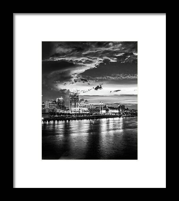 Cincinnati Ohio Framed Print featuring the photograph Stunning Skies Over Cincinnati At Dawn - Black and White by Gregory Ballos