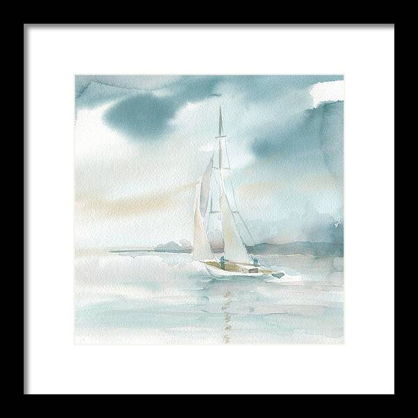 Ocean Sea Sailboat Watercolor Teal Coastal Seascape Framed Print featuring the painting Subtle Mist 1 by Carol Robinson