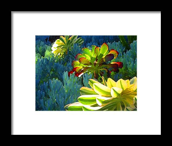Succulent Framed Print featuring the painting Succulents Backlit on Blue 2 by Amy Vangsgard