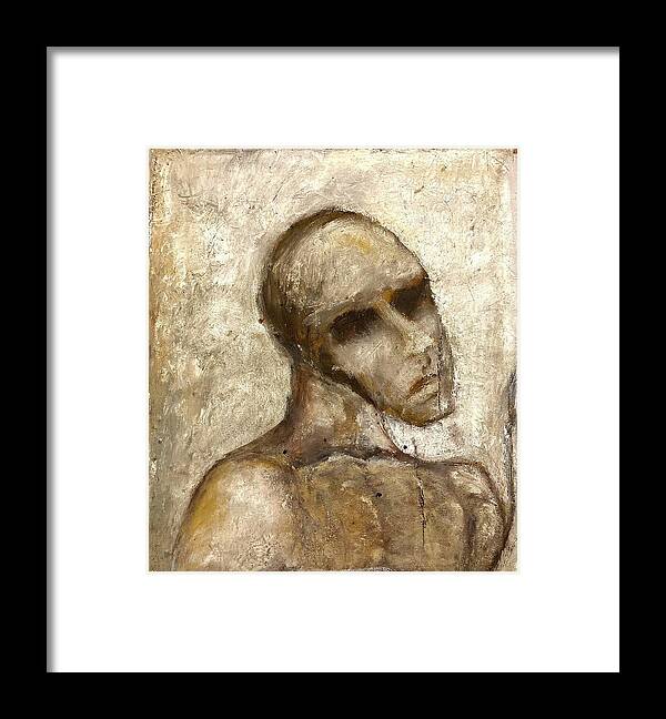 Deliberately Cut Canvas Of Grotesque Reassembled Figure. Framed Print featuring the painting Suffering by David Euler