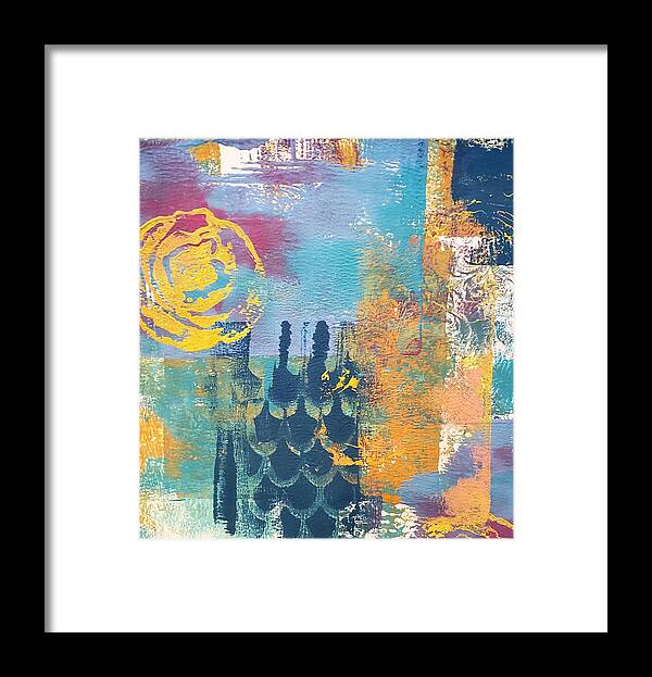 Summer Framed Print featuring the mixed media Summer Heat by the Ocean Abstract Mixed Media Painting Print Acrylic Navy Blue Yellow Green by Joanne Herrmann
